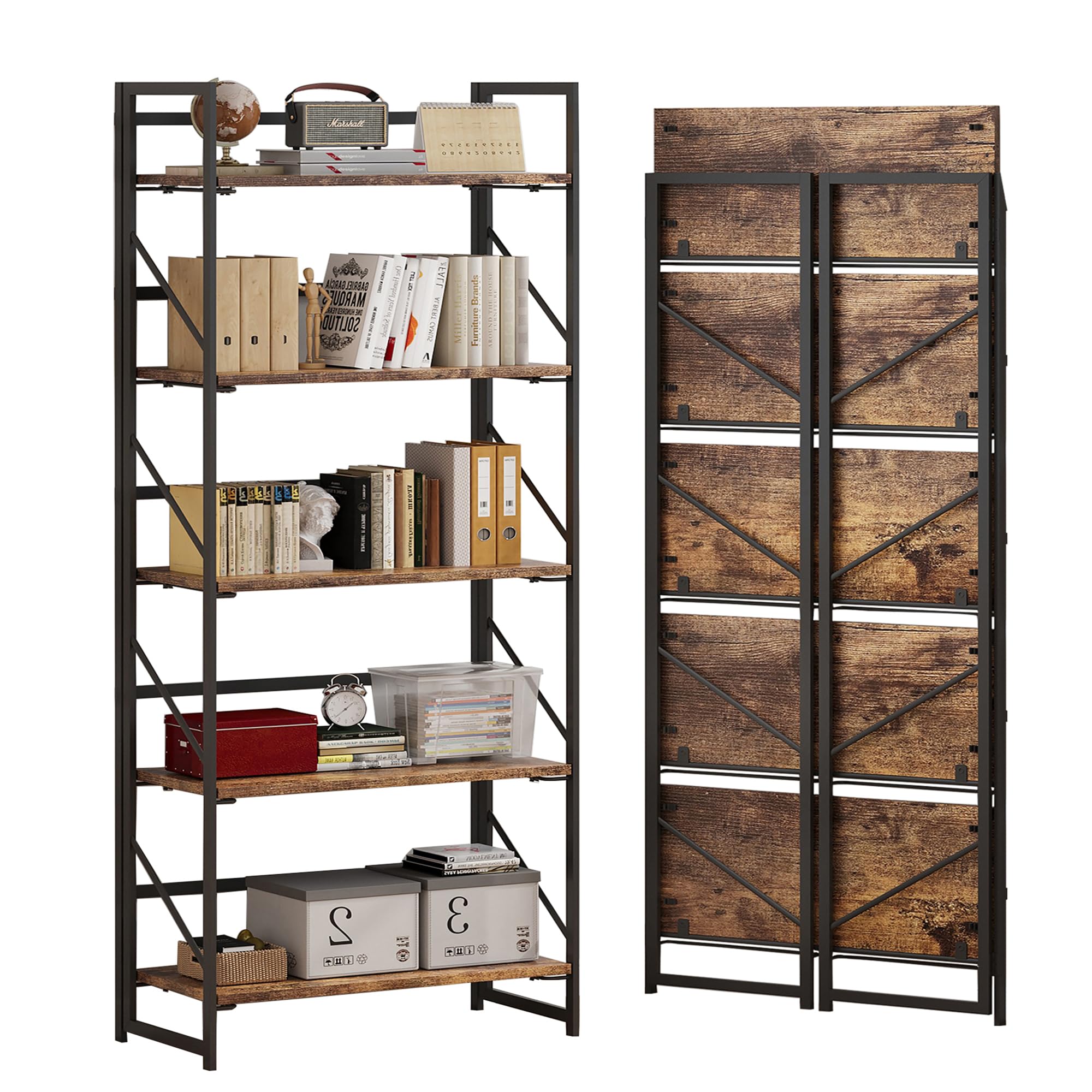 JSB No Assembly Folding Bookshelf, 4 Tier Industrial Metal Book Shelf for Storage, Vintage Wood Foldable Bookcase for Living Room, Bedroom, Office Organization Shelves
