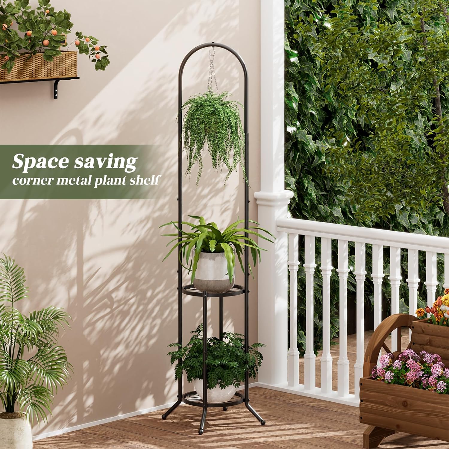 2-tier Hanging Plant Stand Indoor and Outdoor, Space-Saving Iron Plant Shelf, 3 Potted Flower Pot Stand ,Planter Holder for Bedroom Balcony Living Room Patio Garden( n-style)