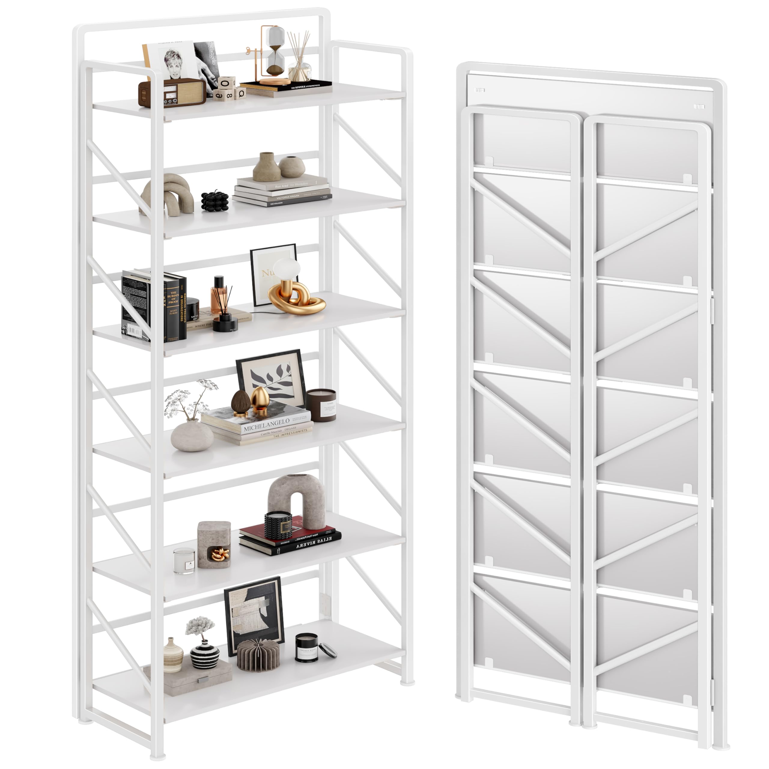 JSB No Assembly Folding Bookshelf, 4 Tier Industrial Metal Book Shelf for Storage, Vintage Wood Foldable Bookcase for Living Room, Bedroom, Office Organization Shelves