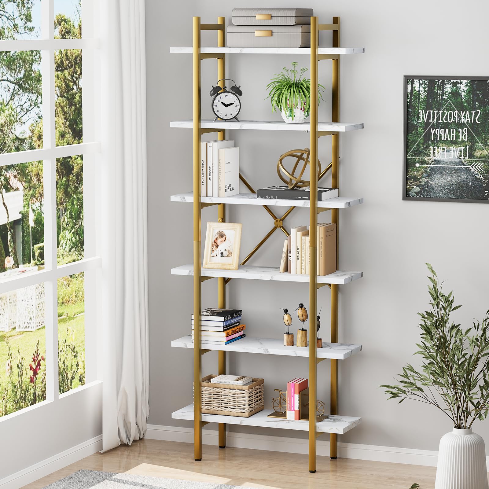 5 Tiers Bookshelf Organizer Industrial Shelf,Modern Open Display Storage Bookcase,Rustic Brown and Metal Bookshelf Standing Storage Shelf Tall Shelving Units for Home Office Study.