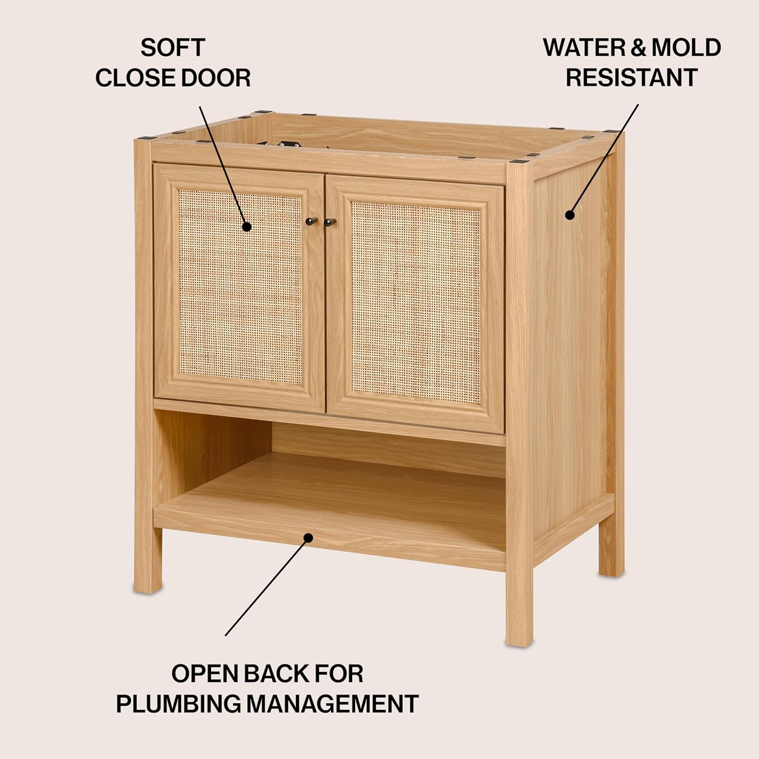 JONATHAN Y VAN1024A Jasper 30 in. W x 18 in. D x 33 in. H Rattan Modern Coastal 2-Shelf Bathroom Vanity Cabinet Only with Soft Closing Doors (Sink Basin Not Included), Oak