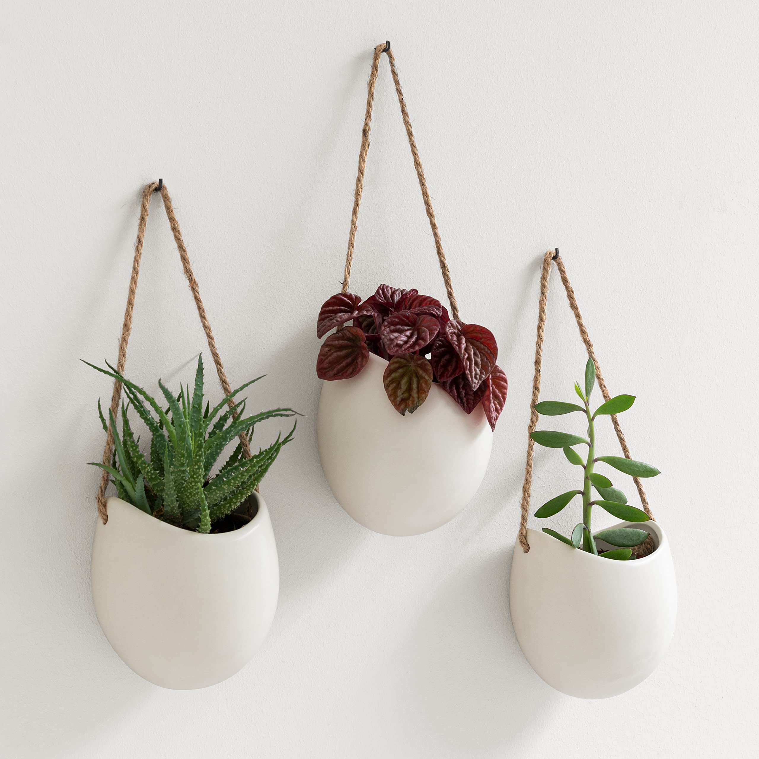Kazai.® | Porcelain Wall Vases | 3 Piece Set | Including Wooden Hooks | Matte White