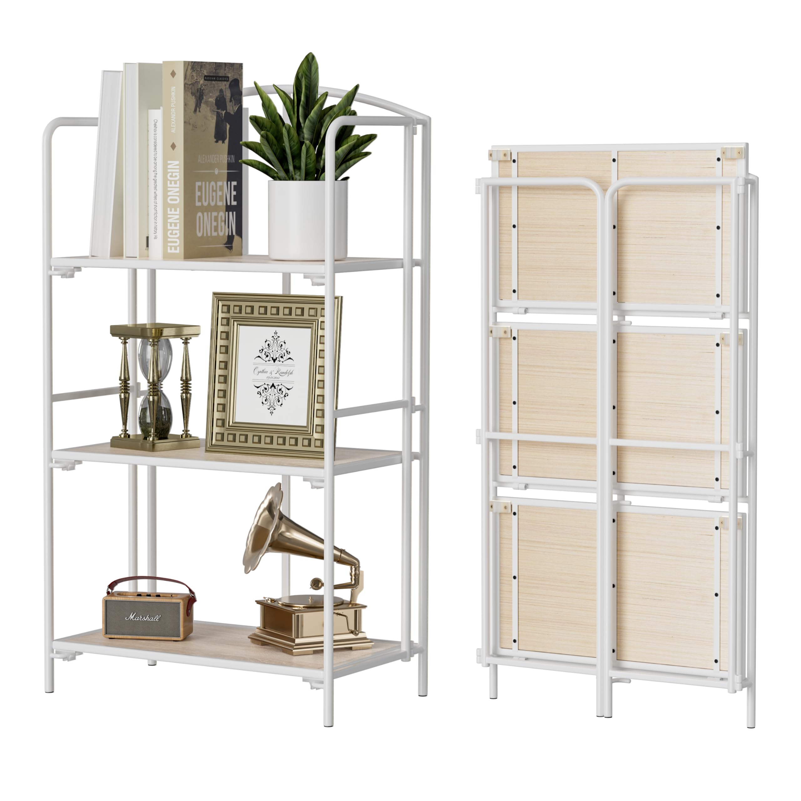 Crofy No Assembly Folding Bookshelf for Living Room, 5 Tier White Collapsible Book Shelf for Home Office, Portable Bookcase Storage Organizer