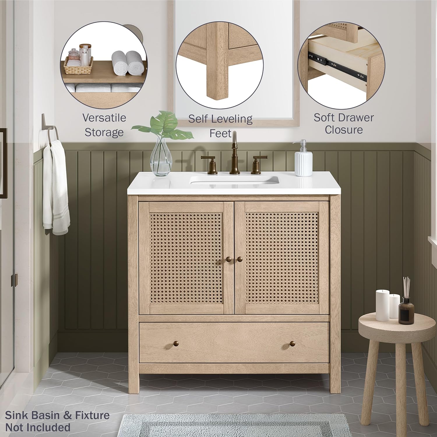 Alaterre Furniture Lucca Bathroom Vanity - Freestanding Cabinet Without Sink - 36 Inch Wood Bathroom Vanity with Large Drawer and Soft-Close Doors - Under Sink Cabinet Only (Natural)