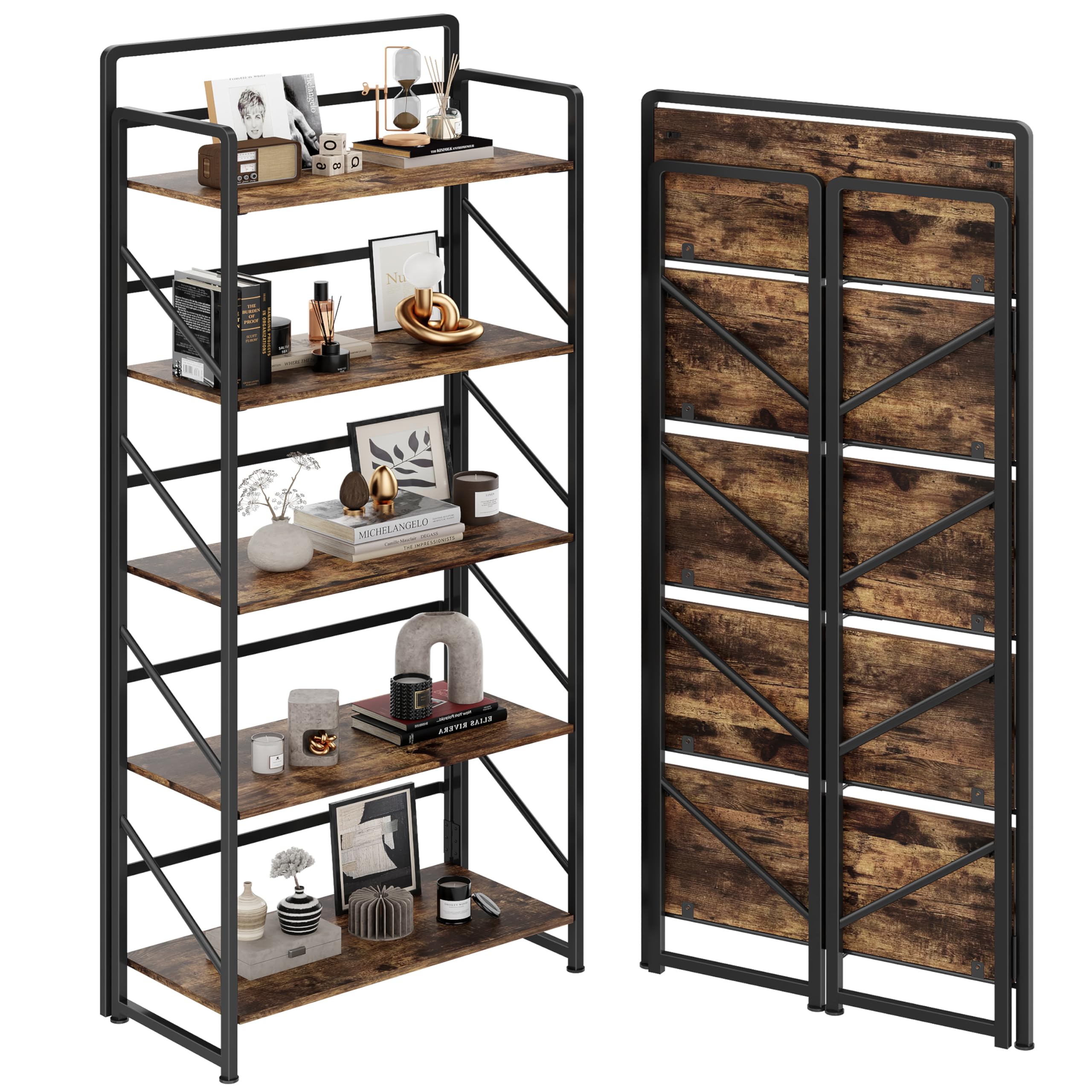 JSB No Assembly Folding Bookshelf, 4 Tier Industrial Metal Book Shelf for Storage, Vintage Wood Foldable Bookcase for Living Room, Bedroom, Office Organization Shelves