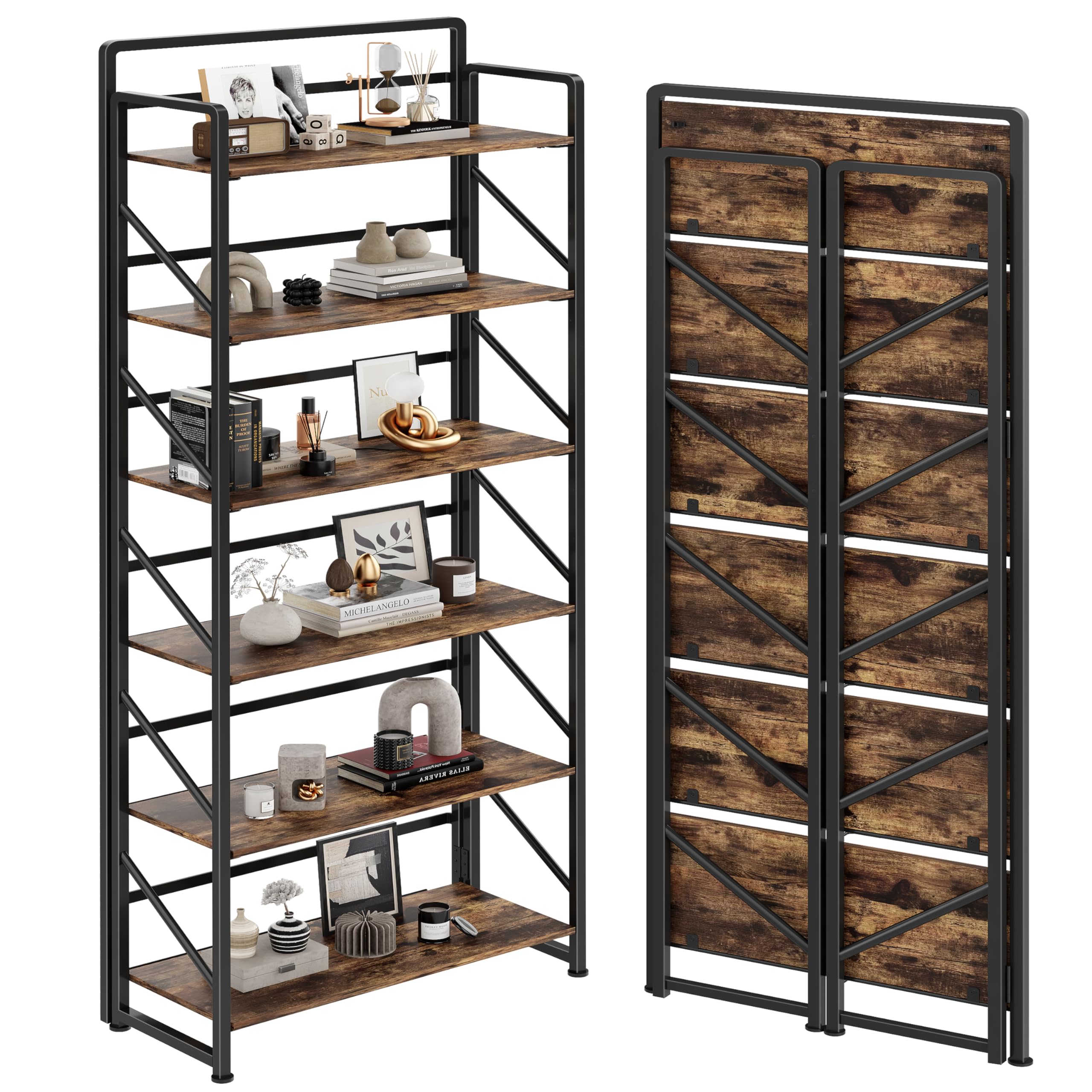 JSB No Assembly Folding Bookshelf, 4 Tier Industrial Metal Book Shelf for Storage, Vintage Wood Foldable Bookcase for Living Room, Bedroom, Office Organization Shelves